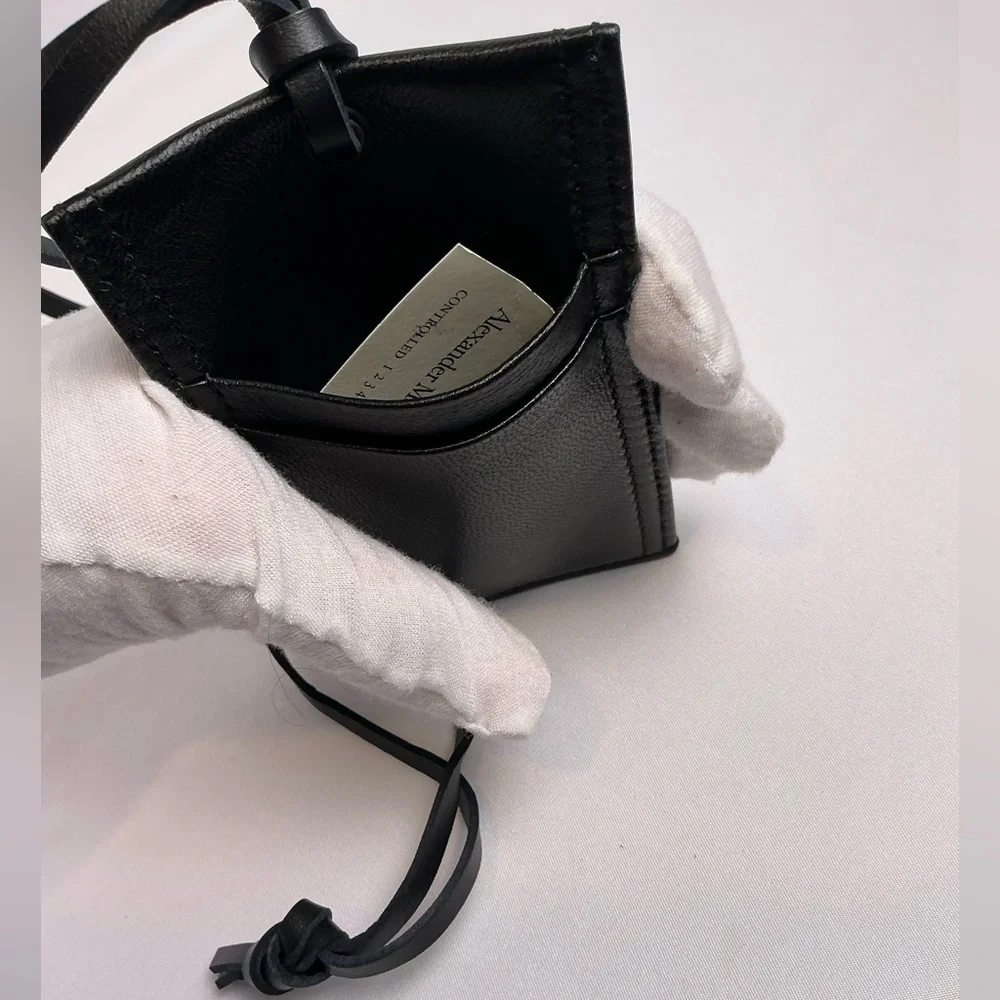 Alexander McQueen Black Leather Card Holder with Strap Lanyard New